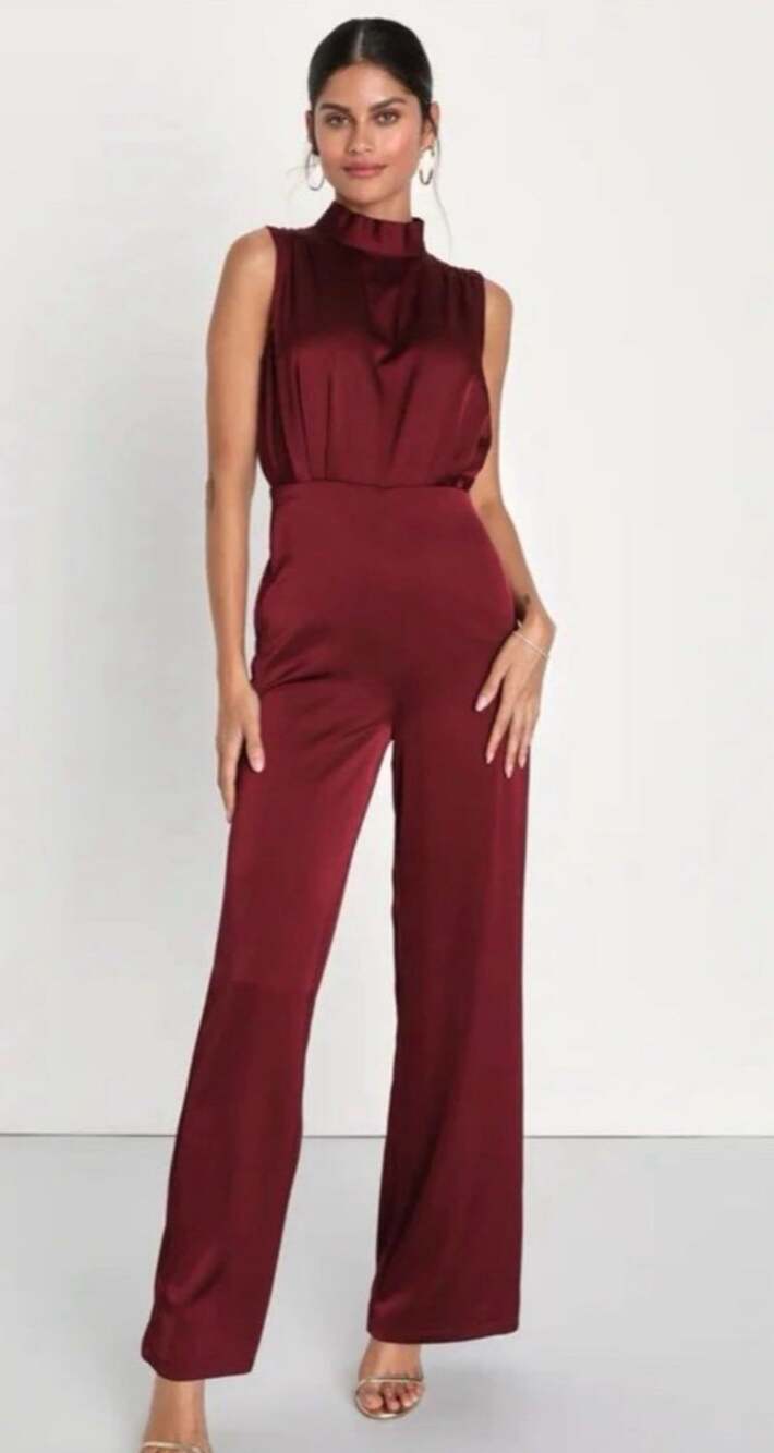 Lulus Classic Elegance Wine Red Satin Mock Neck Jumpsuit